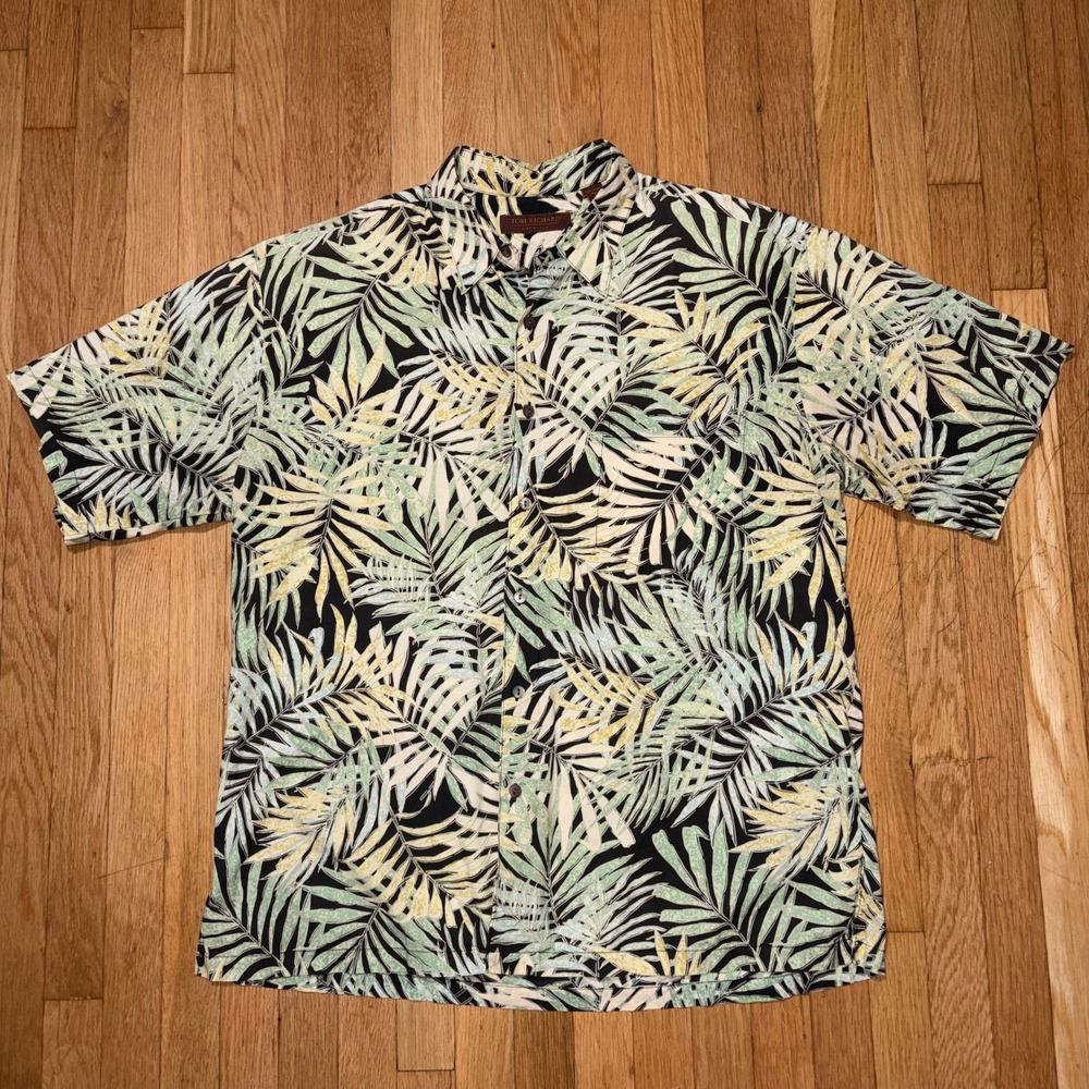 Tori Richard‎ Cotton Lawn Hawaiian Shirt Mens Large Green Palm Leaf Button Down